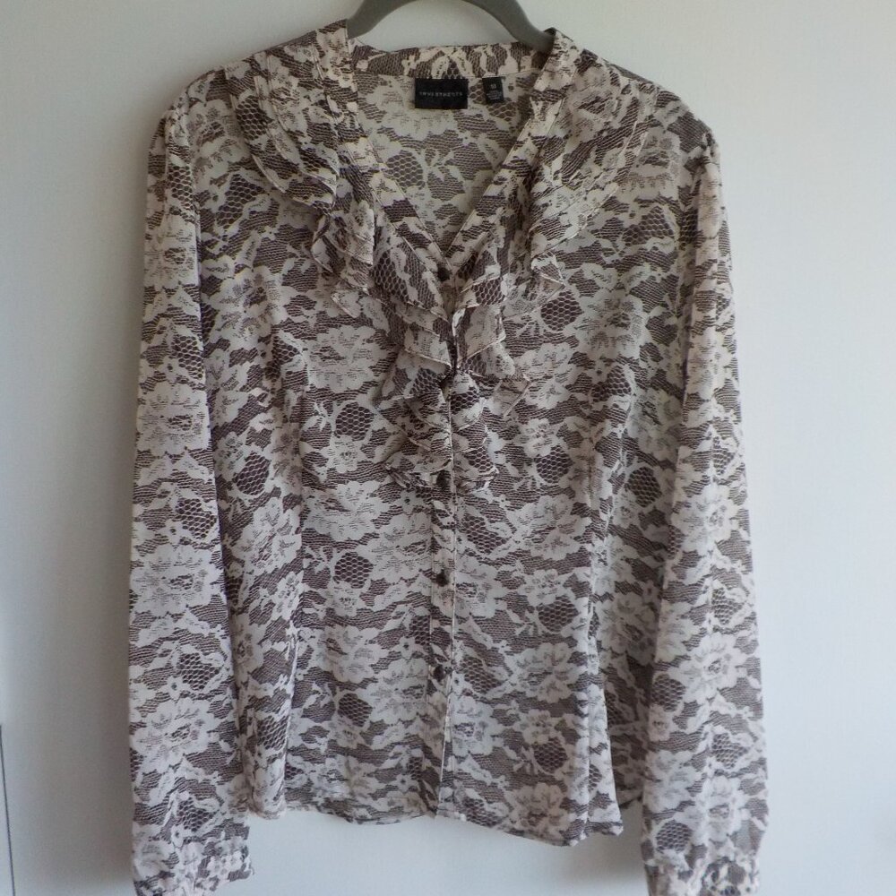Investments Womens Blouse - Size 10  Brown White Floral Ruffle Long Sleeve (650)